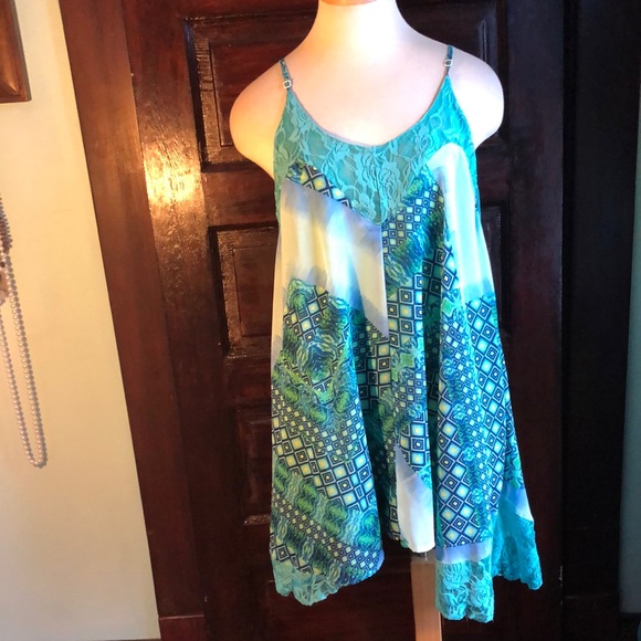 GlamDoll sz Med. Tent sundress teal, blue, green, and yellow/lace panels/lined - Picture 1 of 13